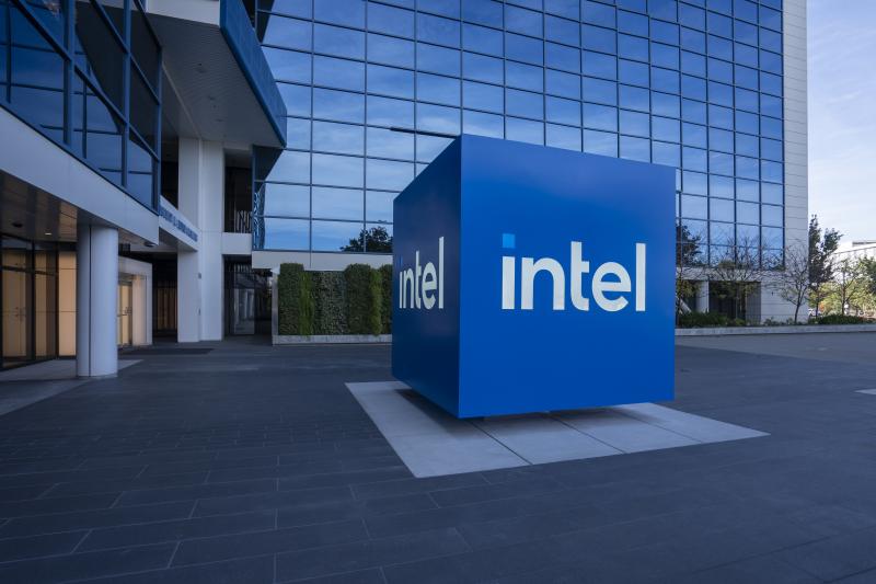 intel logo in front of building