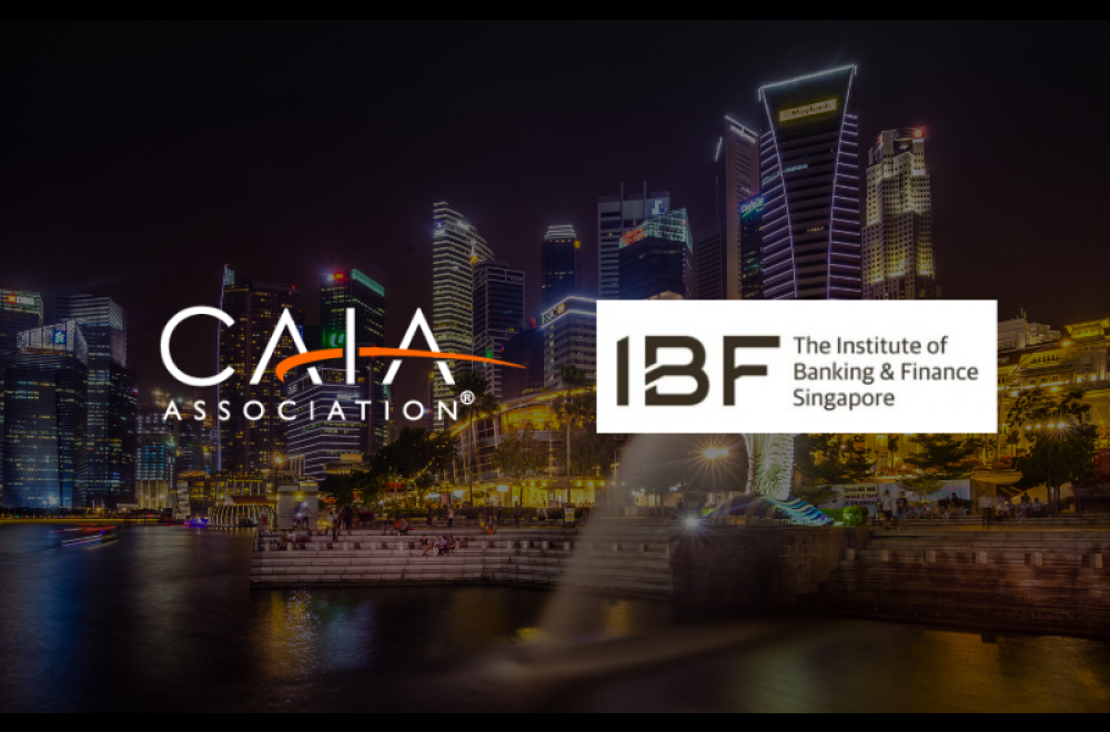 CAIA logo and IBF logo over Singapore skyline